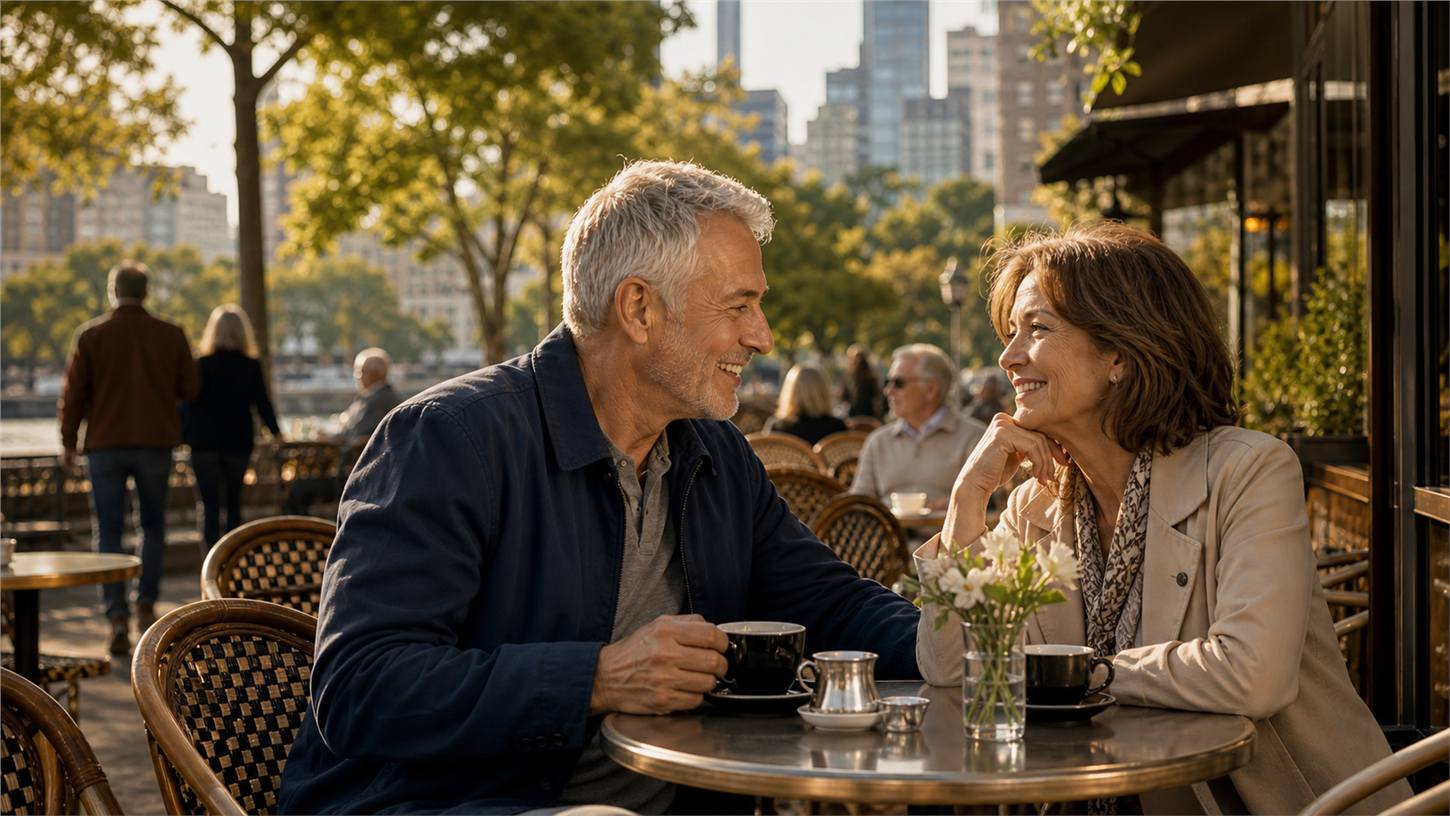 Mature singles talking over coffee